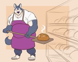  4_toes 5_fingers absurd_res anthro apron baking belly black_nose blue_bottomwear blue_clothing blue_pants bottomwear bread canid canine canis claws clothing feet fingers food fur grey_body grey_fur hi_res lizard_soup male mammal musclegut muscular muscular_anthro muscular_male overweight overweight_anthro overweight_male pants pecs peel_(cooking_utensil) purple_apron purple_clothing shelf shirt smile solo steam toes tommy_(jeffieb19) topwear white_clothing white_shirt white_topwear wolf 