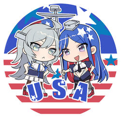  2girls :&lt; ahoge american_flag asymmetrical_legwear blue_hair breasts brown_legwear chibi closed_mouth confrontation grey_eyes grey_hair hair_between_eyes hands_on_own_hips holding kantai_collection long_hair multicolored_hair multiple_girls open_mouth picoli1313 red_hair rudder_footwear south_dakota_(kancolle) star_(symbol) washington_(kancolle) white_hair 