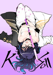  ahoge bare_shoulders between_breasts black_choker black_gloves black_hair blue_eyes bokken breasts character_name choker coat collarbone commentary_request female gloves indie_virtual_youtuber kson large_breasts mole mole_under_eye multicolored_coat muraji pants petal_print print_pants solo souchou sword two-tone_coat virtual_youtuber weapon white_pants wooden_sword 