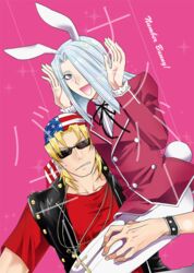  2boys american_flag american_flag_print animal_ears bandana black_vest blue_eyes blush carrying carrying_person clenched_teeth comiket_94 commentary_request cover cover_page cross cross_necklace doujin_cover dutch_angle fake_animal_ears feet_out_of_frame flag_print frilled_shirt frills hair_over_one_eye jacket jewelry keith_howard long_hair long_sleeves looking_at_viewer male_focus multiple_boys necklace open_mouth pegasus_j_crawford pink_background rabbit_ears rabbit_pose red_jacket red_shirt riichi_(reati) shirt short_hair short_sleeves smile studded_bracelet studded_vest sunglasses teeth vest white_hair white_shirt yu-gi-oh! yu-gi-oh!_duel_monsters 