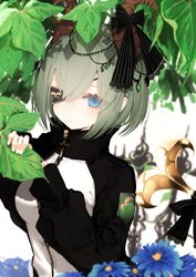  bad_id bad_twitter_id black_bow black_jacket blue_eyes blue_flower blurry blurry_background bow closed_mouth commentary depth_of_field eyepatch female flower green_hair grey_hair hair_between_eyes highres honey_strap horn_bow horn_ornament horns jacket long_sleeves medium_hair nanashi_inc. narue one_eye_covered pointy_ears sekishiro_mico solo symbol-only_commentary tail upper_body virtual_youtuber 