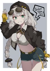  arm_up backwards_hat baseball_cap black_hat black_jacket black_shorts blush braid breasts cleavage collared_jacket commentary_request crop_top eyewear_lift female fingerless_gloves gloves green_eyes grey_background grey_hair grin groin hair_ornament hat highres jacket kizuna_akari leaning_forward lifting_own_clothes long_hair looking_at_viewer medium_breasts midriff navel open_clothes open_jacket romaji_text short_shorts shorts smile solo speech_bubble thigh_gap toake_mikage translated twin_braids twintails two-tone_background very_long_hair voiceroid white_background yellow_gloves 