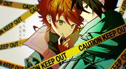  1boy all_275927 black_eyes black_hair blurry caution_tape depth_of_field emma_(yakusoku_no_neverland) female green_eyes green_nails highres holding looking_at_viewer orange_hair ray_(yakusoku_no_neverland) sweater translation_request turtleneck turtleneck_sweater upper_body white_background yakusoku_no_neverland 