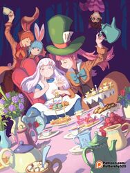  +_+ 1boy 4girls alice_(alice_in_wonderland) alice_(alice_in_wonderland)_(cosplay) alice_in_wonderland animal_ears blue_hair blush_stickers bow cake cheshire_cat_(alice_in_wonderland) cheshire_cat_(alice_in_wonderland)_(cosplay) claude_von_riegan cosplay cup fire_emblem fire_emblem:_three_houses food formal green_headwear green_little grin hairbow hat hilda_valentine_goneril holding holding_cup holding_teapot leonie_pinelli long_hair lysithea_von_ordelia macaron mad_hatter_(alice_in_wonderland) mad_hatter_(alice_in_wonderland)_(cosplay) march_hare_(alice_in_wonderland) march_hare_(alice_in_wonderland)_(cosplay) marianne_von_edmund multiple_girls orange_hair pant_suit pants patreon_username pink_hair rabbit_ears smile sugar_cube suit sunglasses table tea_party teacup teapot tiered_tray top_hat upside-down white_hair white_rabbit_(alice_in_wonderland) white_rabbit_(alice_in_wonderland)_(cosplay) 