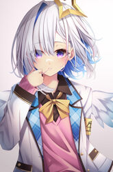  absurdres amane_kanata amane_kanata_(1st_costume) angel angel_wings armband asymmetrical_bangs blazer blue_hair blue_wings bob_cut bow bowtie brown_shirt colored_inner_hair commentary dress_shirt feathered_wings female gradient_wings grey_hair hair_over_one_eye halo highres hololive jacket long_sleeves looking_at_viewer loose_bowtie multicolored_hair multicolored_wings open_clothes open_jacket pink_sweater pocket purple_eyes school_uniform shirt short_hair single_hair_intake solo star_(symbol) star_halo streaked_hair sweater sweater_under_jacket tsukasa_tsubasa upper_body virtual_youtuber white_jacket white_wings wing_collar wings yellow_bow yellow_bowtie 