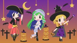  3girls alternate_costume bandaged_arm bandaged_head bandaged_leg bandages bat_(animal) belt black_cape black_footwear black_vest blonde_hair blue_hair boots bow cape chestnut_mouth chibi cobalta cross dress floral_print gradient_background green_hair hair_ornament hairbow halloween hat jack-o&#039;-lantern kochiya_sanae long_hair moon moriya_suwako multiple_girls mummy_costume open_mouth pirate_costume pirate_hat pleated_skirt purple_dress red_shirt red_skirt shirt short_hair skirt snake_hair_ornament star_(symbol) touhou vest wide_sleeves witch_hat yasaka_kanako 