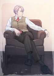  1boy armchair black_pants blue_eyes chair crossed_legs grey_hair jewelry looking_to_the_side male_focus necktie pants ring sitting t3_(19841230) viktor_nikiforov waistcoat yuri!!!_on_ice 