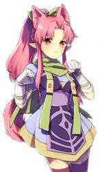  animal_ears blush breasts cape closed_mouth dress female gloves hair_ribbon long_hair looking_at_viewer millie_chliette murata_tefu pink_eyes pink_hair pointy_ears ponytail ribbon simple_background skirt solo star_ocean star_ocean_first_departure tail white_background wolf_ears 