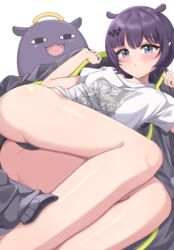  ass bare_legs black_shorts blue_eyes breasts female grey_hood grey_jacket hashira_14 highres hololive hololive_english hood hooded_jacket hoodie jacket looking_at_viewer mole mole_under_eye ninomae_ina&#039;nis ninomae_ina&#039;nis_(loungewear) open_mouth parted_bangs pointy_ears purple_hair shirt short_hair short_shorts shorts small_breasts swept_bangs t-shirt takodachi_(ninomae_ina&#039;nis) tentacle_hair thighs toes unworn_hoodie virtual_youtuber white_shirt 