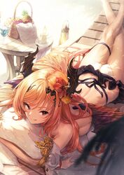  akita_hika ass back bare_shoulders bikini black_wings blush breasts dark_angel_olivia female flower granblue_fantasy hibiscus highres horns large_breasts long_hair looking_at_viewer lying olivia_(summer)_(granblue_fantasy) on_stomach orange_hair red_eyes smile solo swept_bangs swimsuit thighs wings 