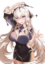  :d against_fourth_wall ahoge arm_up black_dress black_hair black_hairband black_ribbon blush breast_press breasts buttons collared_dress commentary covered_navel cowboy_shot curvy double-breasted dress embarrassed female flipped_hair fourth_wall frilled_sleeves frills gem hair_between_eyes hair_ornament hair_ribbon hairband hand_up heart heart-shaped_pupils highres holding holding_scissors indie_virtual_youtuber kamikurai_leto lace-trimmed_dress lace_trim large_breasts legs_together long_hair long_sleeves looking_at_viewer mole mole_under_eye multicolored_hair neck_ribbon official_art open_mouth puffy_long_sleeves puffy_sleeves purple_dress purple_eyes purple_gemstone purple_ribbon raised_eyebrows ribbed_dress ribbon scissors short_dress simple_background smile solo standing streaked_hair symbol-only_commentary symbol-shaped_pupils thighs tight_clothes tight_dress twintails two-tone_hair very_long_hair virtual_youtuber white_background white_hair yaman 