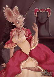  alternative_fashion anthro ball_gown bed breasts brown_body brown_hair brown_scales ceratopsian classic_lolita claws cleavage clothed clothing crown dinosaur dress ebony_dragon extinct facial_horn female finger_claws frill_(anatomy) furniture gem hair head_crest head_frill headgear hime_lolita horn inside j-fashion jewelry lolita_(fashion) long_hair looking_at_hand looking_at_self necklace nose_horn ornithischian pearl_(gem) pillow prehistoric_species renaissance reptile royalty scales scalie solo story story_in_description stripes tiara transformation utahceratops 