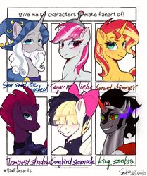  2023 accessory armor beard black_hair black_mane blonde_hair blonde_mane blue_eyes bow_ribbon broken_horn clothing crown digital_media_(artwork) earth_pony english_text equestria_girls equid equine eye_scar facial_hair facial_scar fangs female feral friendship_is_magic fur green_eyes green_sclera grey_body grey_fur group hair hair_accessory hair_over_eyes hair_ribbon hairbow hasbro hat headgear headwear hi_res horn horse king_sombra_(mlp) male mammal mane meme mlp_g5 multicolored_hair multicolored_mane my_little_pony my_little_pony:_the_movie_(2017) mythological_creature mythological_equine mythology orange_body orange_fur pegasus pink_eyes pink_hair pink_mane pony purple_body purple_fur red_eyes red_hair red_mane ribbons scar six_fanarts_challenge smile songbird_serenade_(mlp) starswirl_the_bearded_(mlp) sugar_moonlight_(mlp) sunset_shimmer_(eg) teeth tempest_shadow_(mlp) text two_tone_hair two_tone_mane unicorn white_body white_fur wings wizard_hat xiaowu07 yellow_body yellow_fur 