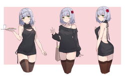  absurdres backless_outfit bag bare_arms black_dress black_legwear black_sweater blush braid brown_legwear closed_mouth commentary cowboy_shot cropped_legs cup dress female flower genshin_impact green_eyes grey_hair hair_flower hair_ornament highres holding holding_tray long_sleeves looking_at_viewer medium_hair meme_attire multiple_views noelle_(genshin_impact) off_shoulder open-chest_sweater red_flower red_rose rose sleeveless sleeveless_sweater smile sweater thighhighs tray virgin_killer_sweater yajuu 