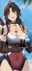  2girls :d android beach black_choker black_hair blue_background blue_sky blush bow breasts choker covered_navel day doko_tetora fate/grand_order fate_(series) glass hairbow hand_on_own_stomach highres holding joints katou_danzou_(fate) large_breasts long_hair mechanical_arms multiple_girls one-piece_swimsuit out_of_frame outdoors parted_bangs ponytail red_bow red_one-piece_swimsuit robot_joints sky smile solo_focus standing swimsuit ushiwakamaru_(fate) ushiwakamaru_(swimsuit_assassin)_(fate) ushiwakamaru_(swimsuit_assassin)_(first_ascension)_(fate) yellow_eyes 