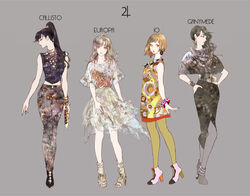  4girls black_hair blonde_hair bracelet dress earrings english_text grey_background grey_hair grey_legwear hands_on_own_hips high_heels highres jewelry jupiter_symbol micho multiple_girls original pants pantyhose personification print_dress print_pants profile shirt simple_background sleeveless sleeveless_dress sleeveless_shirt yellow_legwear 