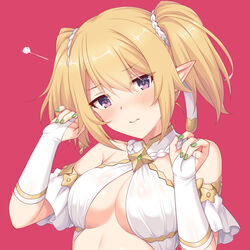  3: absurdres bare_shoulders blonde_hair breasts bridal_gauntlets chloe_(princess_connect!) cleavage closed_mouth criss-cross_halter crop_top elf female frown gold_trim green_nails hair_ornament halterneck hands_up head_tilt highres horosuke long_hair looking_at_viewer medium_breasts nail_polish no_bra pointy_ears princess_connect! purple_eyes red_background shirt sidelocks simple_background solo squiggle twintails upper_body white_shirt 