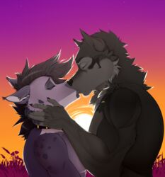  absurd_res anthro canid canine canis closed_eyes collar duo female guepardoxart hi_res hyena kiss_on_lips kissing male male/female mammal passionate passionate_kiss sunset wolf 