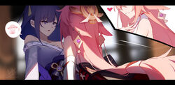  2girls ? artist_name blurry blurry_background breasts cleavage depth_of_field genshin_impact heart highres japanese_clothes kimono letterboxed long_hair medium_breasts mole mole_under_eye multiple_girls off_shoulder parted_lips pink_hair purple_eyes purple_hair purple_kimono raiden_shogun shimmer shirt signature sleeveless sleeveless_shirt smile spoken_question_mark very_long_hair white_shirt yae_miko yae_miko_(fox) yuri 