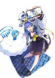  :d altaria animal_hood beak bird black_footwear blue_eyes blue_feathers blue_hair blush cellphone cellphone_photo commentary_request crossover dress feathers female fluffy full_body gradient_hair hair_between_eyes highres holding holding_phone hololive hood hood_up hooded_jacket hoshimachi_suisei hoshimachi_suisei_(school_uniform) jacket loafers long_hair long_sleeves multicolored_hair official_alternate_costume official_alternate_hair_length official_alternate_hairstyle open_clothes open_jacket pavement phone piplup pokemon pokemon_(creature) purple_dress purple_hair saco_(cgmore) selfie shoes smartphone smile socks standing star_(symbol) star_in_eye symbol_in_eye v_over_mouth virtual_youtuber white_feathers white_jacket white_legwear 