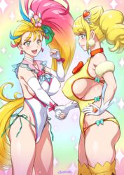  2girls :d ass bare_shoulders blonde_hair blush breasts clenched_hand cone_hair_bun covered_navel covered_nipples cure_sparkle cure_summer earrings elbow_gloves fingerless_gloves gloves green_eyes hair_bun hand_on_own_hip handshake healin&#039;_good_precure highres hiramitsu_hinata in-franchise_crossover jewelry joy_ride leotard long_hair multiple_girls natsuumi_manatsu open_mouth pink_hair precure side_ponytail smile tears thighhighs tropical-rouge!_precure very_long_hair white_gloves 