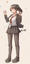  black_jacket black_skirt blazer brown_eyes brown_hair commentary_request confetti cosplay female full_body grey_background highres jacket kaga_(kancolle) kantai_collection loafers long_hair necktie pantyhose pleated_skirt red_necktie school_uniform shirt shoes side_ponytail simple_background skirt solo standing untucked_shirt wakaba_(kancolle) wakaba_(kancolle)_(cosplay) wss_(nicoseiga19993411) 