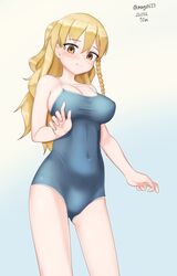  absurdres blonde_hair blue_background blue_one-piece_swimsuit braid breasts brown_eyes competition_swimsuit contrapposto covered_navel cowboy_shot female gradient_background highres kantai_collection large_breasts long_hair looking_at_viewer maru_(marg0613) one-hour_drawing_challenge one-piece_swimsuit side_braid solo standing swimsuit wavy_hair white_background zara_(kancolle) 