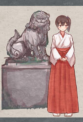  alternate_costume black_hair brown_eyes commentary_request facing_viewer female hakama hakama_skirt highres japanese_clothes kaga_(kancolle) kantai_collection lion long_hair miko red_hakama sandals side_ponytail sideways_glance skirt solo standing statue tabi white_legwear wss_(nicoseiga19993411) zouri 