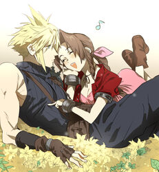  1boy aerith_gainsborough belt blonde_hair blue_eyes blue_pants blue_shirt boots bracelet breasts choker cleavage closed_eyes cloud_strife collaboration couple cropped_jacket dress female field final_fantasy final_fantasy_vii fingerless_gloves flower flower_field full_body gloves hair_between_eyes hand_on_another&#039;s_chest hand_on_own_face highres jacket jewelry leaf lying medium_breasts mikuroron music musical_note on_back on_stomach open_mouth pants pink_dress puffy_short_sleeves puffy_sleeves reclining red_jacket shirt short_sleeves singing sleeveless sleeveless_turtleneck smile spiked_hair straight suspenders talesofmea teeth turtleneck upper_body upper_teeth_only 