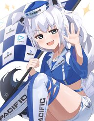  animal_ear_fluff animal_ears blue_shirt blush braid braided_ponytail commentary crop_top earrings female flag fox_ears fox_girl fox_tail green_eyes hair_between_eyes highres holding holding_flag hololive homulily jewelry long_hair looking_at_viewer open_mouth pacific_racing_team pentagram race_queen shirakami_fubuki shirt short_shorts shorts sidelocks simple_background single_braid solo sparkle tail thighhighs virtual_youtuber white_background white_hair white_shorts 