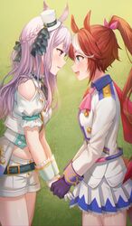  2girls animal_ears bad_id bad_pixiv_id blue_eyes braid brown_hair eye_contact gloves grey_hair hair_ornament hair_ribbon hat highres holding holding_hands horse_ears horse_girl horse_tail long_hair looking_at_another mejiro_mcqueen_(end_of_sky)_(umamusume) mejiro_mcqueen_(umamusume) midriff multiple_girls navel official_alternate_costume open_mouth pink_eyes ponytail ribbon shorts skirt smile tail tokai_teio_(umamusume) tokkyu umamusume yuri 