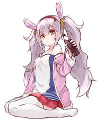  absurdres animal_ears azur_lane bad_id bad_pixiv_id bottle camisole catumi_(ta938_ka23) closed_mouth cola fake_animal_ears female full_body hair_between_eyes highres holding holding_bottle jacket laffey_(azur_lane) long_hair long_sleeves no_shoes off_shoulder open_clothes open_jacket pink_jacket pleated_skirt rabbit_ears red_skirt simple_background sitting skirt solo strap_slip thighhighs twintails white_background white_hair white_thighhighs yellow_eyes 