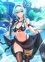  absurdres alternate_costume armband ass_visible_through_thighs bikini black_bikini black_sarong black_thighhighs blue_cape blue_hair blue_hairband blue_nails blush breasts cape clenched_teeth clothes_lift cowboy_shot day eula_(genshin_impact) female genshin_impact hair_between_eyes hair_ornament hairband harukey highres large_breasts lifting_own_clothes linea_alba medium_hair nail_polish navel outdoors purple_eyes sarong shoulder_cape sidelocks solo stomach sunlight swimsuit teeth thighhighs wet 