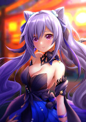  armpits bare_shoulders black_dress blurry bow breasts chinese_commentary choker cleavage commentary_request depth_of_field detached_sleeves double_bun dress eyes_visible_through_hair female formal genshin_impact hair_between_eyes hair_bun hair_ornament hair_ribbon hairbow highres keqing_(genshin_impact) keqing_(opulent_splendor)_(genshin_impact) long_hair looking_at_viewer purple_eyes purple_hair ribbon royboy sidelocks solo twintails 