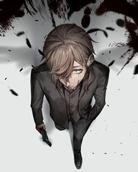  1boy aqua_eyes bangs black_jacket black_pants blood blood_on_face blood_splatter bloody_hands brown_hair ear_piercing feathers footprints formal from_above gun hair_over_one_eye hand_in_pocket handgun highres holding holding_gun holding_weapon jacket kanae_(nijisanji) long_sleeves male_focus nijisanji pants piercing solo suit walking weapon zuo1019 