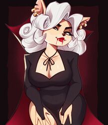  animal_ear_piercing animal_ears black_dress blood blood_from_mouth breasts brown_eyes cape cleavage crash_(series) dress fangs female furry furry_female highres large_breasts looking_at_viewer magaska medium_hair mia_bandicoot_(magaska) red_lips sitting solo vampire white_hair 