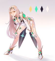  bare_legs bent_over blonde_hair breasts chest_jewel cleavage cleavage_cutout clothing_cutout color_guide dress female full_body gloves gradient grey_background hands highres jewelry large_breasts long_hair long_legs looking_at_viewer mirin. mythra_(xenoblade) open_mouth short_dress simple_background solo swept_bangs thigh_strap tiara very_long_hair white_background white_dress white_footwear white_gloves xenoblade_chronicles_(series) xenoblade_chronicles_2 yellow_eyes 