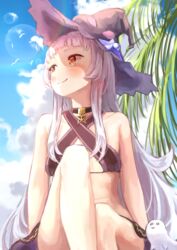  absurdres bare_legs bare_shoulders bikini bikini_skirt bird black_bikini black_choker black_hat blue_sky blunt_bangs blush breasts choker closed_mouth cloud cloudy_sky commentary criss-cross_halter day female grey_hair halterneck hat highres hololive lens_flare long_hair midriff murasaki_shion murasaki_shion_(hololive_summer_2019) official_alternate_costume outdoors pentagram red_eyes short_bangs sitting sky small_breasts smile solo stomach swimsuit tree virtual_youtuber white_hair witch_hat yu_hydra 