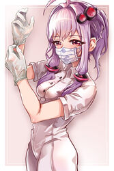  absurdres adjusting_clothes adjusting_gloves ahoge blush commentary female gloves hair_intakes hair_ornament hair_tubes half-closed_eyes hands_up highres looking_at_viewer mask mouth_mask nurse purple_eyes purple_hair shirt short_sleeves sidelocks solo surgical_mask upper_body vocaloid voiceroid white_gloves white_shirt yasuhara_roku yuzuki_yukari 