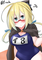  absurdres adapted_costume blonde_hair blue_eyes blue_one-piece_swimsuit breasts cape covered_navel female glasses halloween halloween_costume hat highres i-8_(kancolle) kantai_collection large_breasts low_twintails mini_hat name_tag one-piece_swimsuit peaked_cap red-framed_eyewear school_swimsuit semi-rimless_eyewear solo swimsuit t_(dyuhuhudyukusi) tri_tails twintails under-rim_eyewear witch_hat 