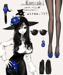  :d bad_id bad_twitter_id black_eyes black_gloves black_hat black_skirt blue_flower blue_footwear blue_pupils breasts brown_pantyhose collared_shirt earrings female flower gloves hand_on_own_hip hat hat_flower high-waist_skirt high_heels highres jewelry large_breasts long_legs looking_at_viewer mole mole_under_mouth narue open_mouth original pale_skin pantyhose shirt shoes skirt smile solo sunglasses unworn_eyewear unworn_gloves watch white_shirt wing_collar wristwatch 