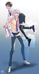  2boys :d black_hair black_pants blue-framed_eyewear blue_eyes brown_eyes carrying_over_shoulder collared_shirt glasses grey_hair holding_hands katsuki_yuuri male_focus multiple_boys necktie open_mouth pants pectorals photoshop_(medium) shirt smile tanao topless_male unworn_shirt viktor_nikiforov watch wristwatch yuri!!!_on_ice 