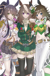  3girls aiguillette animal_ears anno88888 bandaged_leg bandages black_thighhighs blue_eyes breasts brown_hair choker cleavage closed_mouth commentary_request crossed_arms epaulettes fingerless_gloves frills fur_collar gloves green_eyes hair_between_eyes hair_ornament hat highres holding horse_ears horse_girl horse_tail long_sleeves looking_at_viewer medal mini_hat mini_top_hat mr._c.b._(umamusume) multicolored_hair multiple_girls narita_brian_(umamusume) navel pants partial_commentary pleated_skirt ponytail purple_eyes sarashi simple_background single_epaulette single_thighhigh skirt streaked_hair symboli_rudolf_(umamusume) tail tassel thighhighs top_hat trait_connection umamusume white_background white_hair white_headwear white_pants 