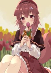  :3 amamiya_ui animal_ears beret black_capelet blush bone_hair_ornament bow braid brown_eyes brown_hair brown_hat brown_skirt capelet cartoon_bone dog_ears dog_girl dog_tail female flower hair_between_eyes hair_ornament hat highres holding holding_flower hololive inugami_korone inugami_korone_(street) long_hair long_sleeves looking_at_viewer low_twin_braids shirt sitting skirt smelling_flower solo tail tulip twin_braids virtual_youtuber white_shirt 