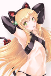  :o animal_ear_headphones animal_ears bare_shoulders black_gloves black_panties blonde_hair blush breasts cat_ear_headphones cat_tail collarbone elbow_gloves fake_animal_ears female girls&#039;_frontline gloves green_eyes headphones highres long_hair navel open_mouth panties ribbon sidelocks small_breasts solo tail tail_ornament tail_ribbon tmp_(girls&#039;_frontline) turtleneck underwear very_long_hair yos 