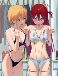  2girls ? ?? @_@ absurdres bikini blonde_hair blue_bikini blue_eyes breasts cupless_bikini frown green_bikini hands_up high_heels highres hipa_(some1else45) holding indoors long_hair micro_bikini multiple_girls navel o-ring o-ring_bottom open_mouth orange_eyes original red_hair sekoshi_(some1else45) shop short_hair side_ponytail small_breasts some1else45 standing string_bikini swimsuit white_bikini 