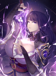  breasts bridal_gauntlets cleavage electricity female genshin_impact hair_ornament highres holding holding_sword holding_weapon human_scabbard japanese_clothes large_breasts limeblock long_sleeves looking_at_viewer mitsudomoe_(shape) musou_isshin_(genshin_impact) parted_lips purple_background purple_eyes purple_hair raiden_shogun solo sword tomoe_(symbol) upper_body weapon 