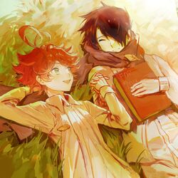  1boy ahoge all_275927 black_hair book brown_scarf chinese_commentary closed_eyes commentary_request emma_(yakusoku_no_neverland) female grass highres holding holding_book holding_hands looking_at_another lying on_back open_mouth orange_hair outdoors ray_(yakusoku_no_neverland) scarf yakusoku_no_neverland 