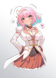  absurdres blue_eyes blush breasts cleavage cosplay dress female hairband heart highres idolmaster idolmaster_cinderella_girls juliet_sleeves large_breasts long_sleeves looking_at_viewer nekono_matatabi pink_hair princess_connect! puffy_sleeves red_skirt short_hair skirt smile solo spoken_heart white_dress yui_(princess_connect!) yui_(princess_connect!)_(cosplay) yumemi_riamu 