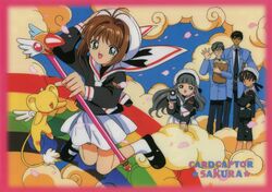  2girls 3boys aqua_eyes arm_up bag black_footwear black_hair brown_hair camcorder cardcaptor_sakura cherry_blossoms closed_eyes cloud copyright_name daidouji_tomoyo emblem fuuin_no_tsue grey_hair grocery_bag hat holding holding_bag holding_wand kero_(cardcaptor_sakura) kinomoto_sakura kinomoto_touya knees_together_feet_apart li_syaoran long_hair long_sleeves mary_janes miniskirt multiple_boys multiple_girls non-web_source official_art open_mouth rainbow school_uniform shoes shopping_bag short_hair skirt tomoeda_elementary_school_uniform tomoeda_high_school_uniform tsukishiro_yukito video_camera wand waving white_skirt 